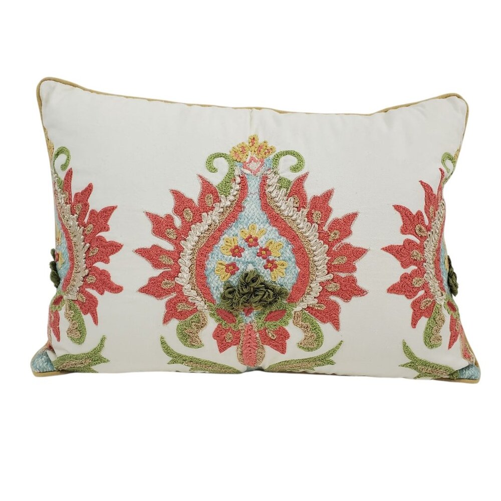 Pier 1 Embroidered Lumbar Throw Pillow Multicolor Floral Rectangular Zip 20"x12"